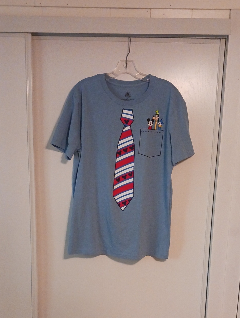 Disney Men’s Light Blue Graphic Tee with Red, White & Blue Tie
